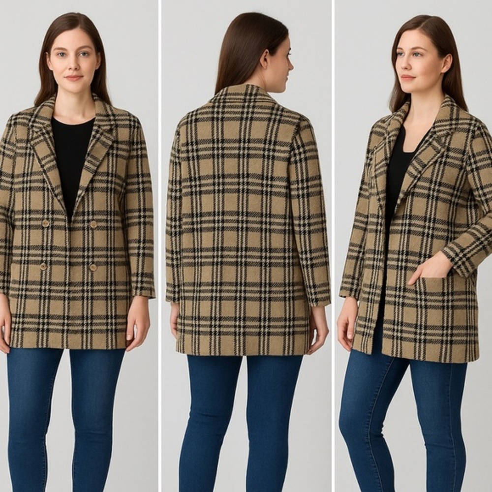 Anne Klein Open Front Jacket / Sweater Classic Design Plaid sz L